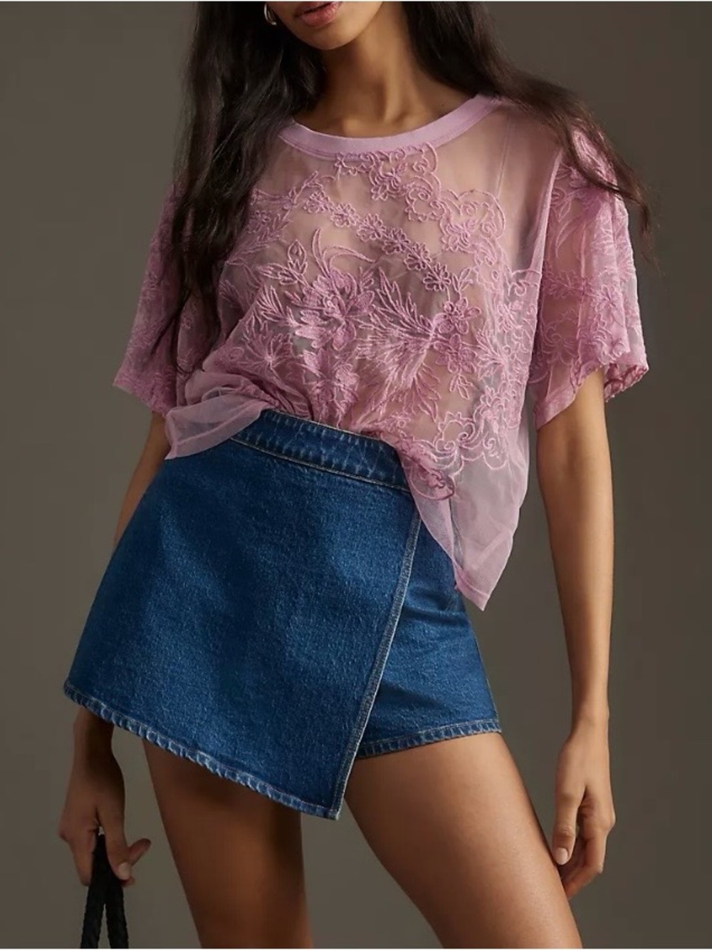By Anthropologie Short-Sleeve Embroidered Mesh Blouse Top Sheer medium - Picture 3 of 12
